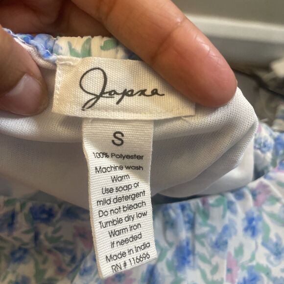 Japna White Blue Floral Pattern Long Puff Sleeve Back Tie Crop Top Blouse S - Picture 8 of 11